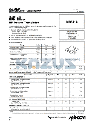 MRF316 datasheet - The RF Line NPN Silicon RF Power Transistor