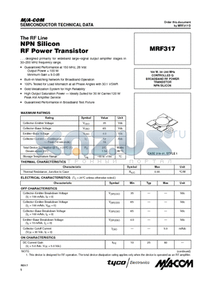 MRF317 datasheet - The RF Line NPN Silicon RF Power Transistor