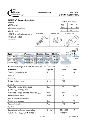 PB47N10L datasheet - SIPMOS^ Power-Transistor
