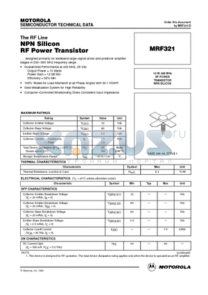MRF321 datasheet - RF POWER TRANSISTOR NPN SILICON