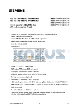 HYM72V8045GU-60 datasheet - 3.3V 8M x 64-Bit EDO-DRAM Module 3.3V 8M x 72-Bit EDO-DRAM Module