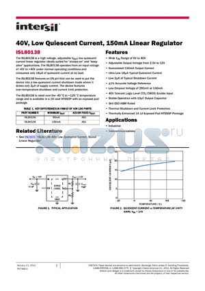 ISL80138EVAL1Z datasheet - 40V, Low Quiescent Current, 150mA Linear Regulator