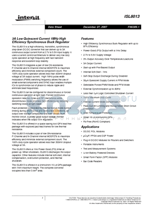 ISL8013 datasheet - 3A Low Quiescent Current 1MHz High Efficiency Synchronous Buck Regulator