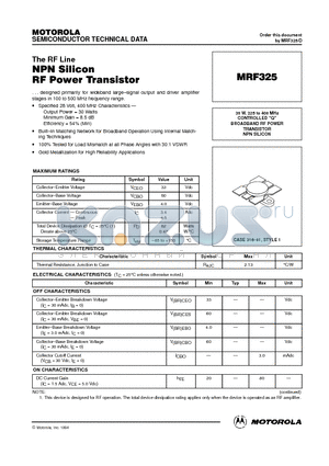 MRF325 datasheet - BROADBAND RF POWER TRANSISTOR NPN SILICON