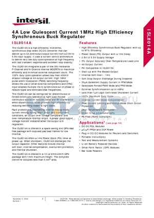 ISL8014AIRZ datasheet - 4A Low Quiescent Current 1MHz High Efficiency Synchronous Buck Regulator