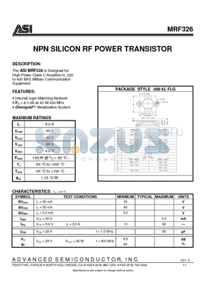 MRF326 datasheet - NPN SILICON RF POWER TRANSISTOR