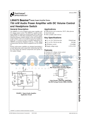 LM4875 datasheet - 750 mW Audio Power Amplifier with DC Volume Control and Headphone Switch