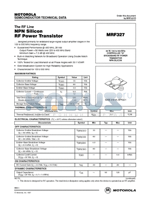 MRF327 datasheet - BROADBAND RF POWER TRANSISTOR NPN SILICON
