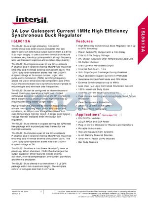 ISL8013A datasheet - 3A Low Quiescent Current 1MHz High Efficiency Synchronous Buck Regulator