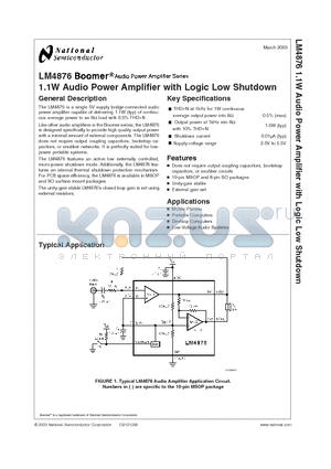 LM4876 datasheet - 1.1W Audio Power Amplifier with Logic Low Shutdown