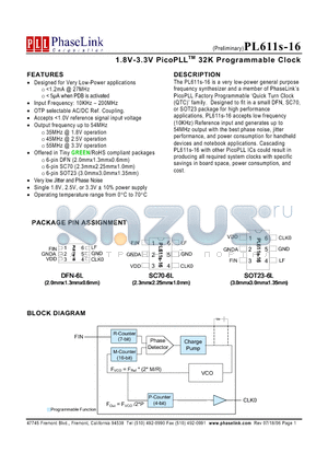 PL611S-16 datasheet - 1.8V-3.3V PicoPLLTM 32K Programmable Clock