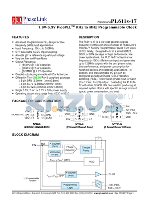 PL611S-17 datasheet - 1.8V-3.3V PicoPLLTM KHz to MHz Programmable Clock