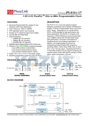 PL611S-17-XXXGC datasheet - 1.8V-3.3V PicoPLLTM KHz to MHz Programmable Clock