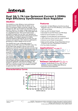 ISL8022EVAL1Z datasheet - Dual 2A/1.7A Low Quiescent Current 2.25MHz High Efficiency Synchronous