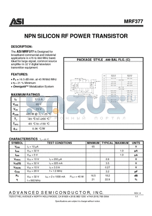 MRF377 datasheet - NPN SILICON RF POWER TRANSISTOR