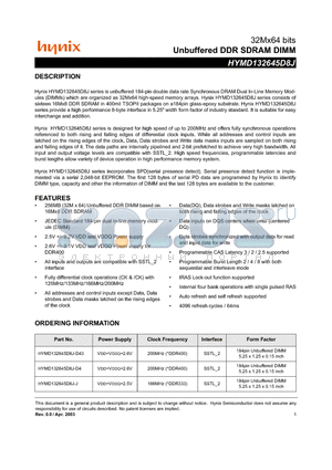 HYMD132645D8J-D4 datasheet - Unbuffered DDR SDRAM DIMM