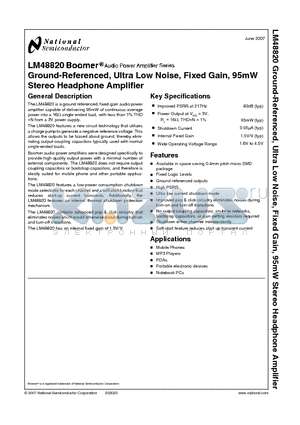 LM48820 datasheet - Ground-Referenced, Ultra Low Noise, Fixed Gain, 95mW Stereo Headphone Amplifier