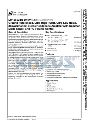 LM48822TL datasheet - Ground-Referenced, Ultra High PSRR, Ultra Low Noise, 35mW/Channel Stereo Headphone Amplifier with CommonMode Sense, and I2C Volume Control