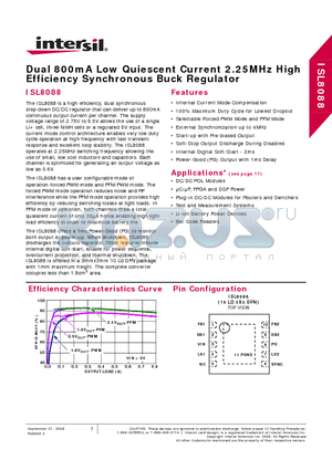 ISL8088IRZ datasheet - Dual 800mA Low Quiescent Current 2.25MHz High Efficiency Synchronous Buck Regulator