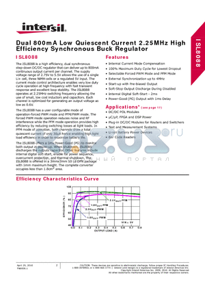 ISL8088IRZ-T datasheet - Dual 800mA Low Quiescent Current 2.25MHz High Efficiency Synchronous Buck Regulator