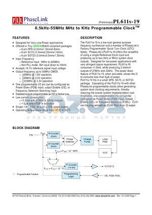 PL611S-19-XXXUI datasheet - 0.5kHz-55MHz MHz to KHz Programmable ClockTM