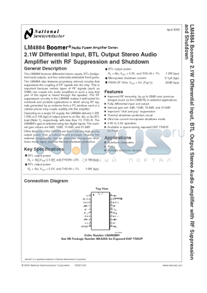 LM4884MH datasheet - 2.1W Differential Input, BTL Output Stereo Audio Amplifier with RF Suppression and Shutdown