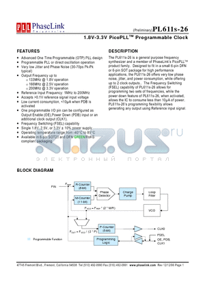 PL611S-26-XXXTC datasheet - 1.8V-3.3V PicoPLLTM Programmable Clock