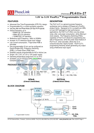 PL611S-27 datasheet - 1.8V to 3.3V PicoPLLTM Programmable Clock