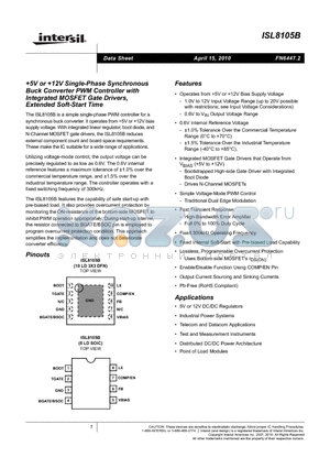 ISL8105B datasheet - 5V or 12V Single-Phase Synchronous Buck Converter PWM Controller with Integrated MOSFET Gate Drivers, Extended Soft-Start Time