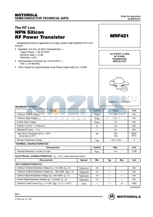 MRF421 datasheet - RF POWER TRANSISTORS NPN SILICON