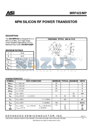 MRF422MP datasheet - NPN SILICON RF POWER TRANSISTOR
