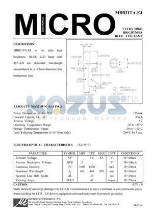 MBB31TA-EJ datasheet - ULTRA HIGH BRIGHTNESS BLUE LED LAMP