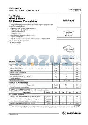 MRF426 datasheet - RF POWER TRANSISTOR NPN SILICON