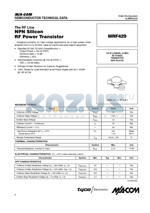 MRF429 datasheet - RF POWER TRANSISTOR NPN SILICON