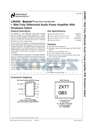 LM4898ITLX datasheet - 1 Watt Fully Differential Audio Power Amplifier With Shutdown Select