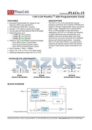 PL611S-XXXTIR datasheet - 1.8V-3.3V PicoPLLTM 32K Programmable Clock