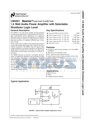 LM4901 datasheet - 1.6 Watt Audio Power Amplifier with Selectable Shutdown Logic Level