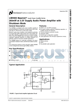 LM4900 datasheet - 265mW at 3.3V Supply Audio Power Amplifier with Shutdown Mode