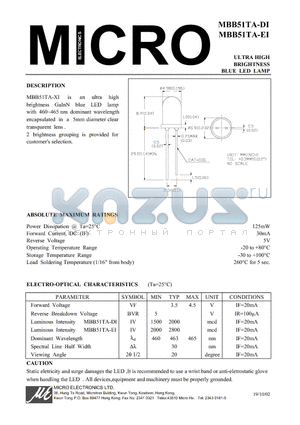 MBB51TA-EI datasheet - ULTRA HIGH BRIGHTNESS BLUE LED LAMP