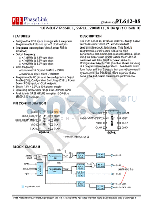 PL612-05-XXXMC-R datasheet - 1.8V-3.3V PicoPLL, 2-PLL, 200MHz, 5 Output Clock IC