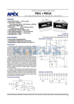 PB51 datasheet - POWER OPERATIONAL AMPLIFIER