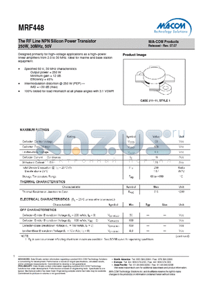 MRF448 datasheet - The RF Line NPN Silicon Power Transistor 250W, 30MHz, 50V