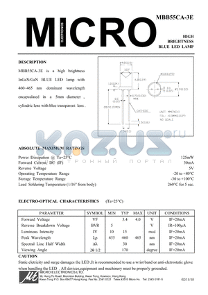 MBB55CA-3E datasheet - HIGH BRIGHTNESS BLUE LED LAMP