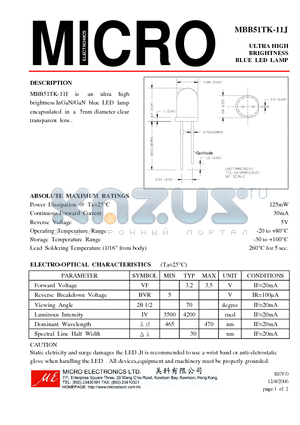 MBB51TK-11J datasheet - ULTRA HIGH BRIGHTNESS BLUE LED LAMP