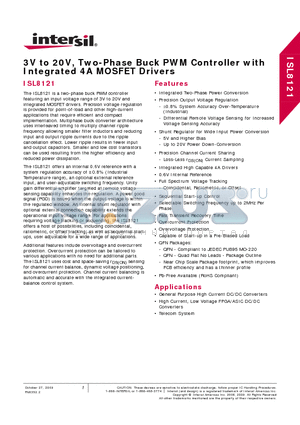 ISL8121IRZ-T datasheet - 3V to 20V, Two-Phase Buck PWM Controller with Integrated 4A MOSFET Drivers