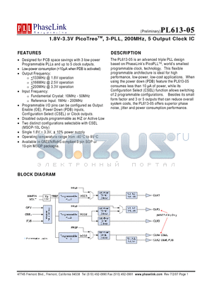 PL613-05-XXXMI datasheet - 1.8V-3.3V PicoTreoTM, 3-PLL, 200MHz, 5 Output Clock IC