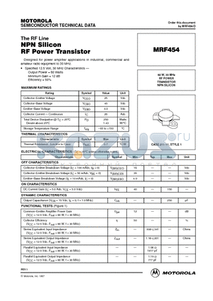 MRF454 datasheet - RF POWER TRANSISTOR NPN SILICON