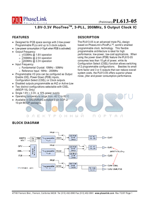 PL613-05-XXXSCR datasheet - 1.8V-3.3V PicoTreoTM, 3-PLL, 200MHz, 5 Output Clock IC