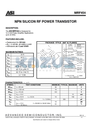 MRF454 datasheet - NPN SILICON RF POWER TRANSISTOR