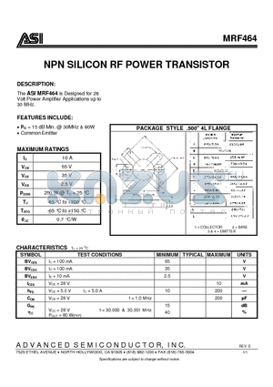 MRF464 datasheet - NPN SILICON RF POWER TRANSISTOR